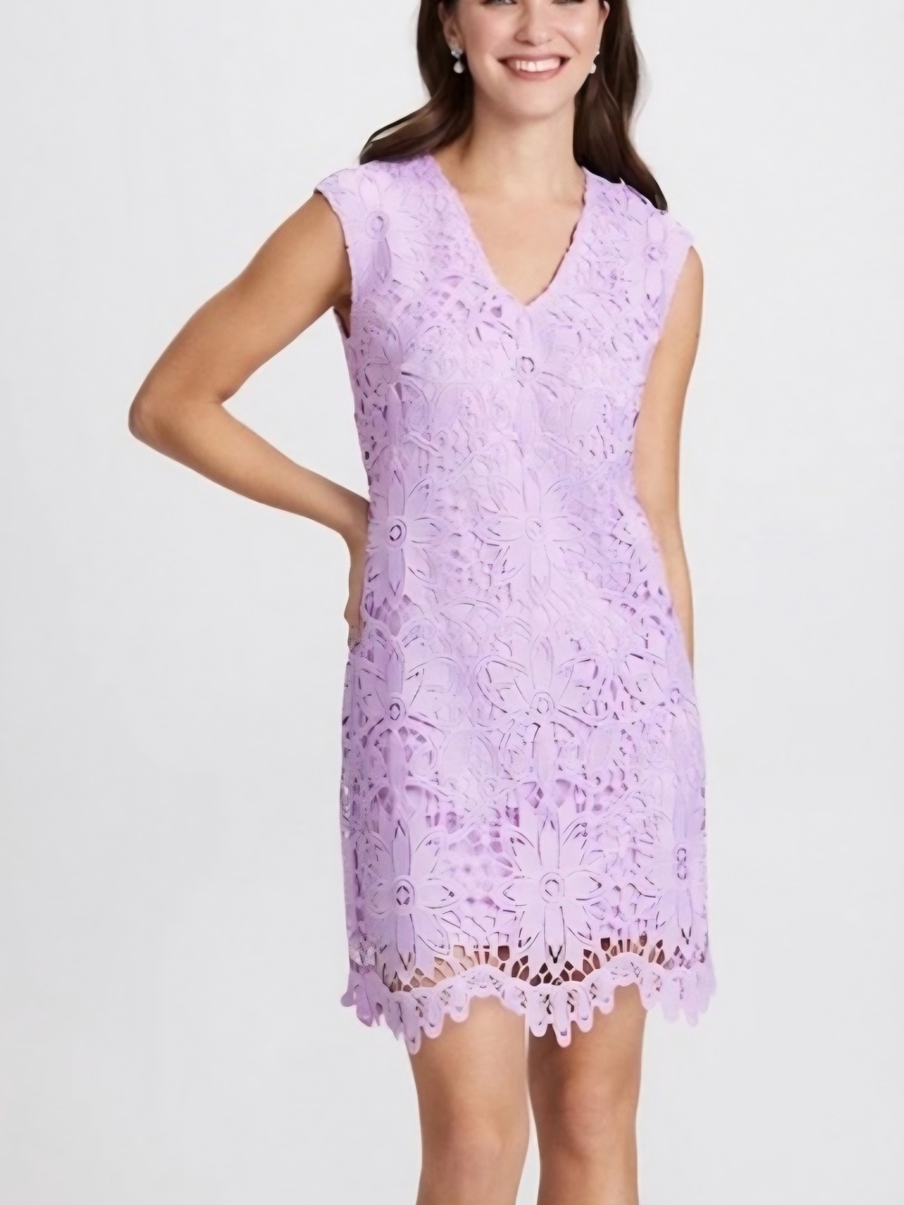 London Times Lilac Cutout Crochet V-Neck Shift Dress